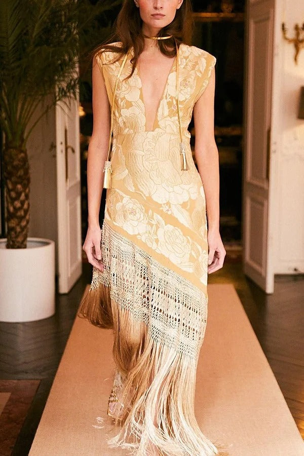 Maxikleid mit Heißprägung, Blumenmuster, V-Ausschnitt, Schnürung und Fransensaum