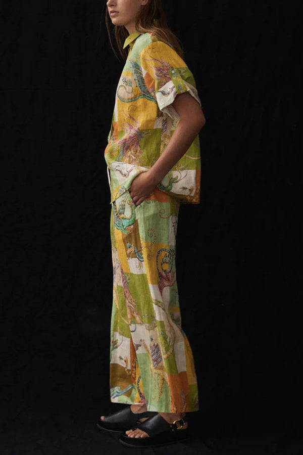 Pantalon large à poches et taille élastique en lin mélangé imprimé Dragon Family