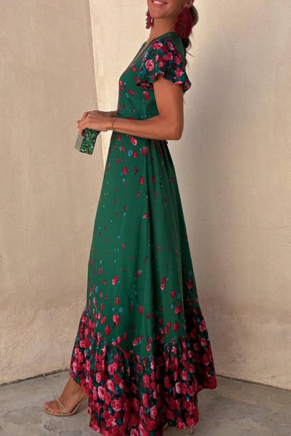 Robe longue ample à imprimé fleurs tombantes et manches à volants