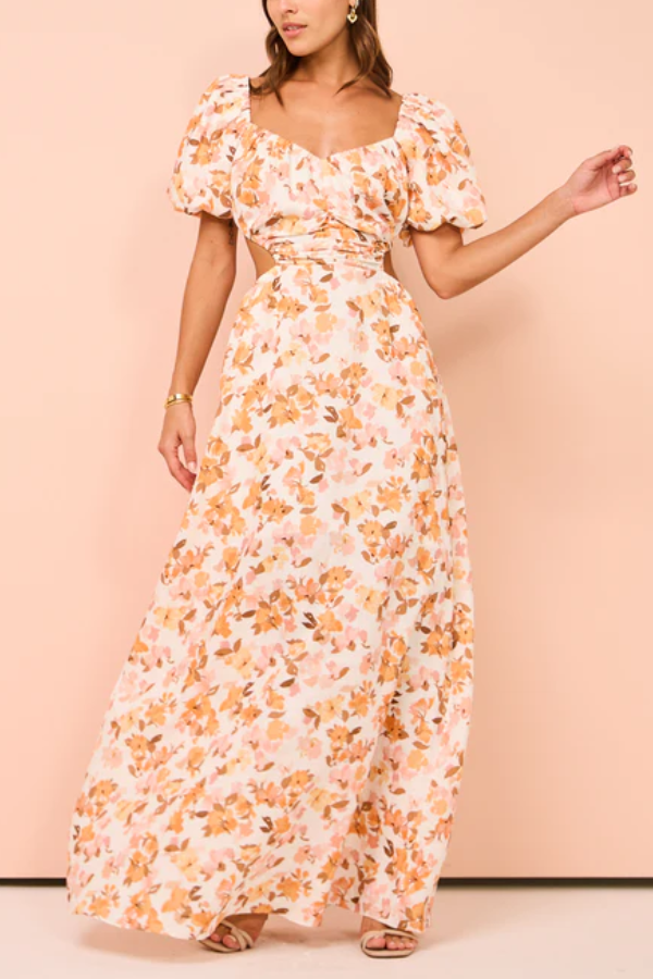 Elastische Puffärmel, plissierte Taille hinten, hohl, süßer langer Rock