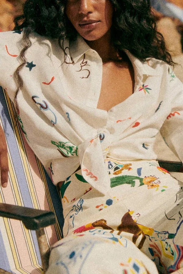 Chemisier ample à manches longues et boutons, imprimé unique, mélange de lin et de couleurs joyeuses