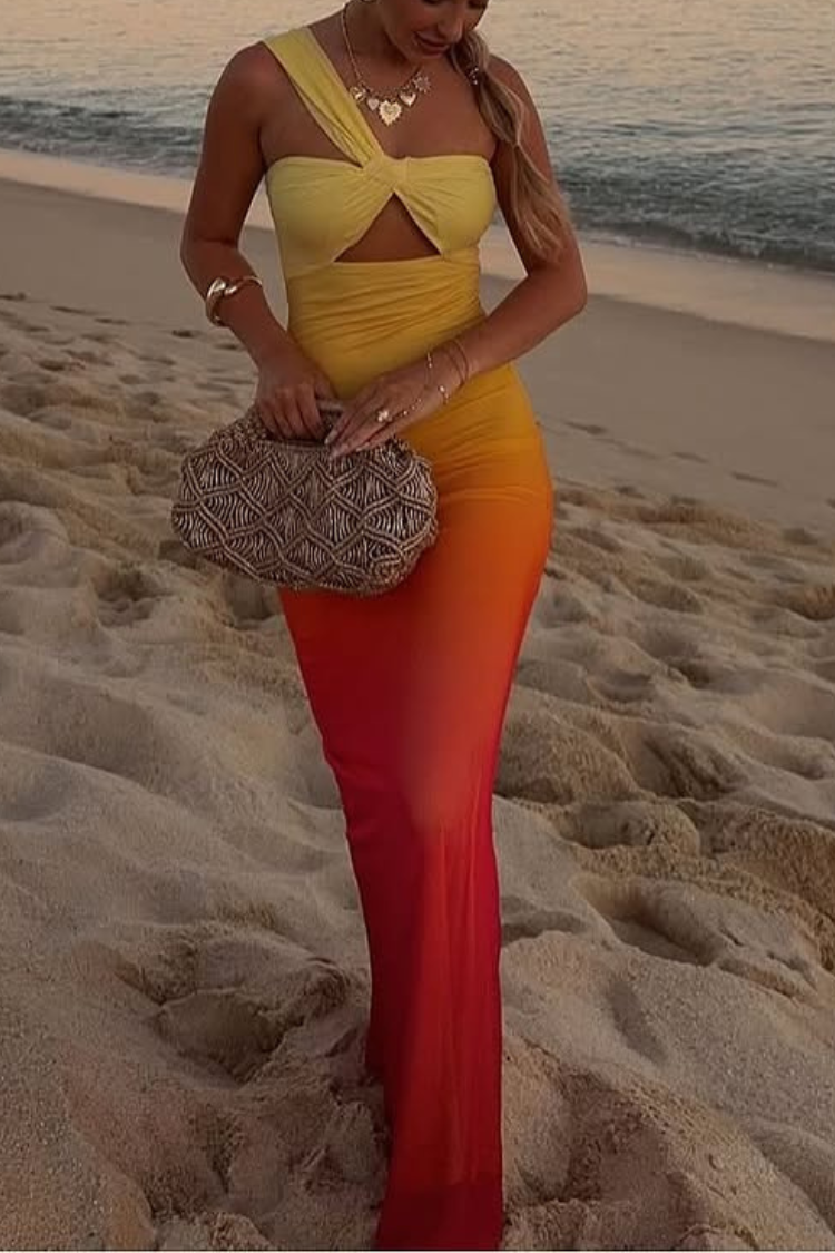 Robe longue extensible à découpes asymétriques et imprimé ombré en maille Dreamy Sunset