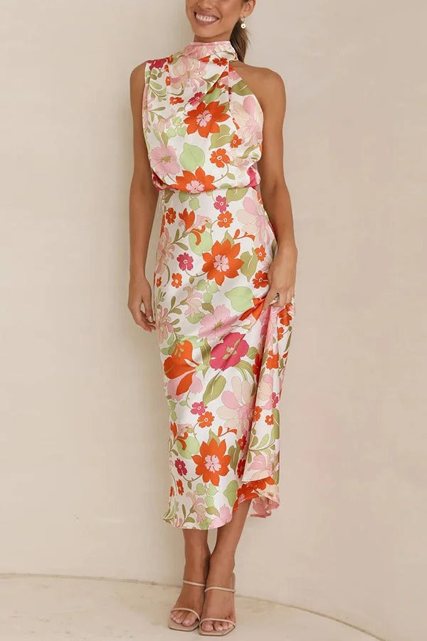Robe longue fleurie à col licou et taille élastique Fascinating Day