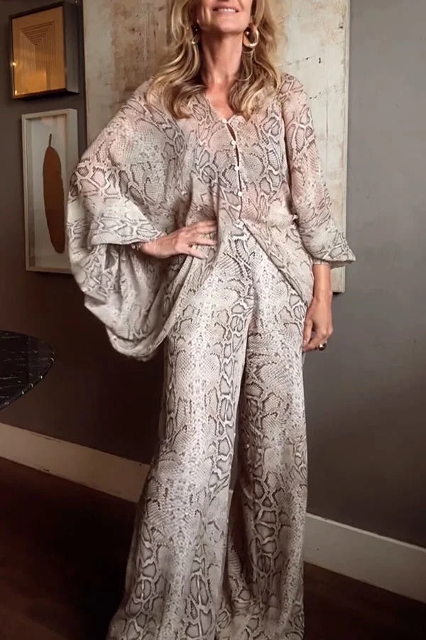 Iselle Animal Print Button Up Batwing Sleeve Shirt and Elastic Waist Wide Leg Pants Set