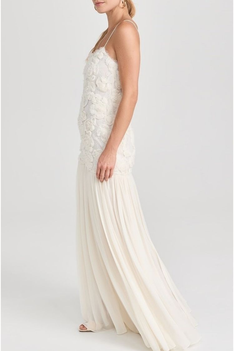 Offrez-vous une robe longue à ourlet plissé en mousseline de soie avec appliques florales