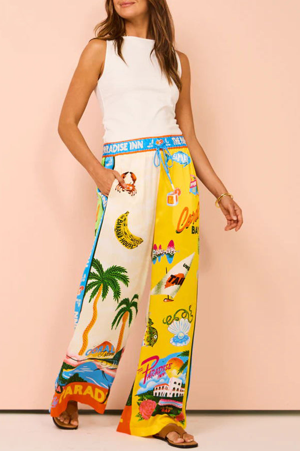 Kissed By The Sun – Satinhose mit einzigartigem Farbblock-Print und elastischer Taille und Taschen und weitem Bein