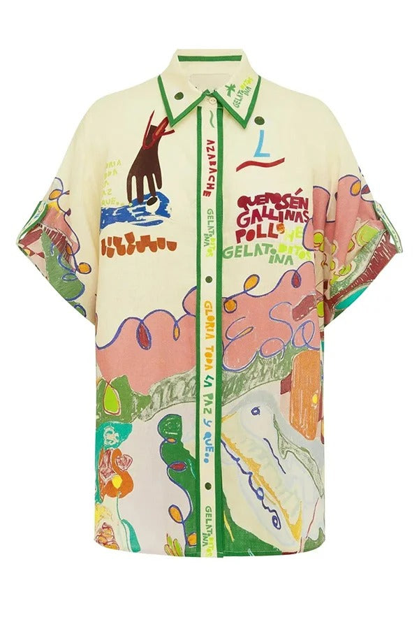 Miena – Kurzärmliges Oversize-Hemd aus Leinenmischung mit einzigartigem Aufdruck und Knopfleiste