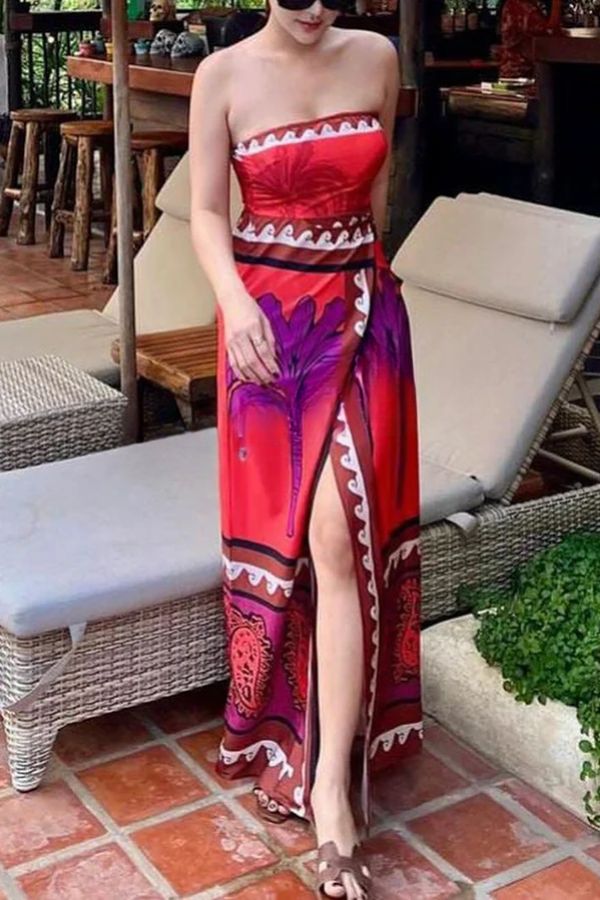 Sexy, dehnbares Tube-Top mit botanischem Blumendruck, hoher Taille und Schlitz im Maxikleid