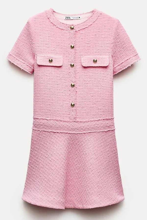 1960er London Girl Tweed Strukturiertes Minikleid mit goldenen Knöpfen und kurzen Ärmeln