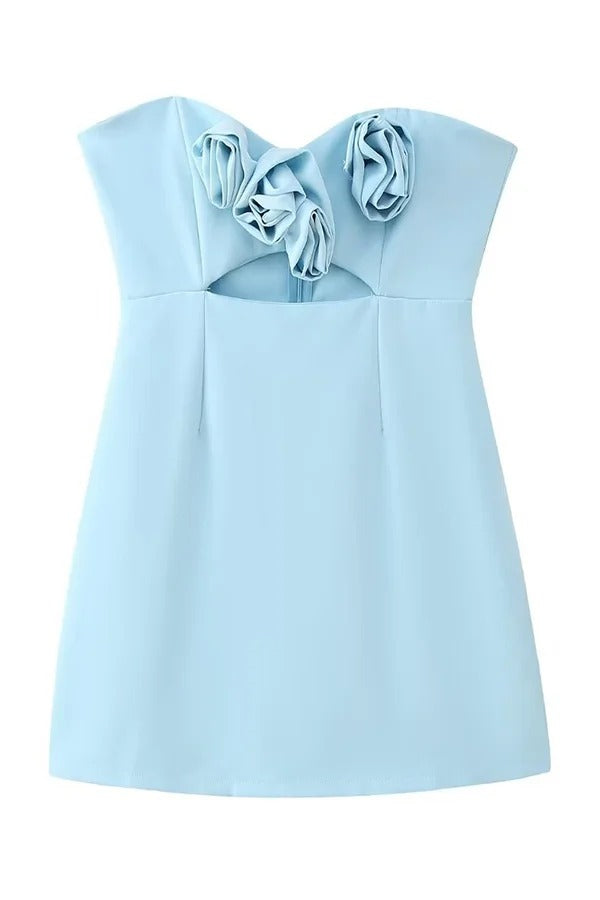 Sexy schulterfreies Minikleid mit dreidimensionaler Blume und Hohlsaum