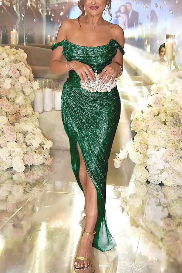 Robe longue fendue et froncée à épaules dénudées en tissu pailleté Party with Passion