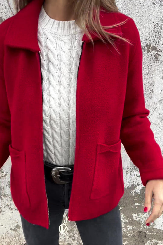 Veste décontractée à revers et poche zippée de couleur unie