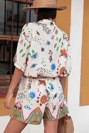 Sun Kiss Set aus Leinenmischung mit einzigartigem Druck, lockerem Hemd mit Knöpfen und Shorts mit elastischer Taille und Tasche