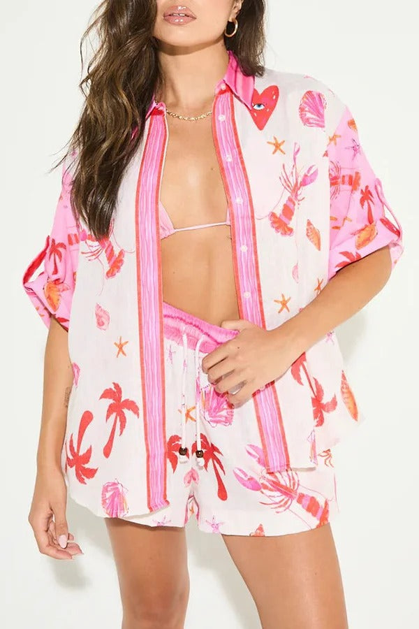 Ensemble très attendu en mélange de lin, chemise ample à boutons et imprimé unique, et short à poches à taille élastique