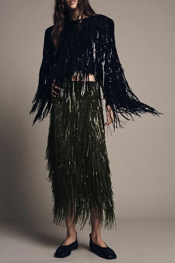 Party Crasher Layered Sequined Tassels Long Sleeve Loose Jacket