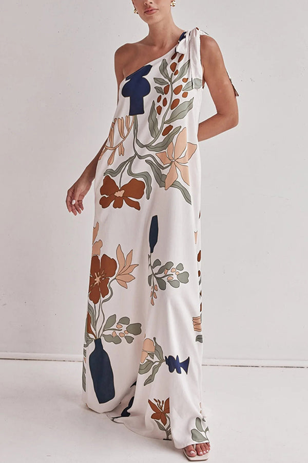 Robe longue ample à imprimé unique et à une épaule, avec poches et lien assortis