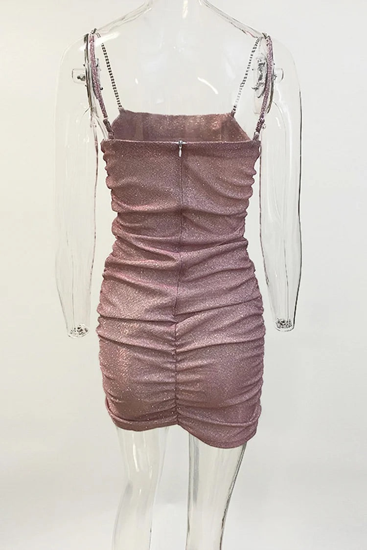 Strass Cami Boot-Ausschnitt Geraffte Pailletten Geburtstagsparty Bodycon Minikleider