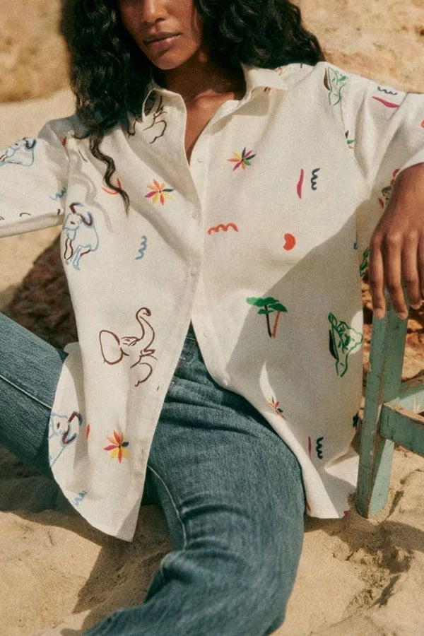 Chemisier ample à manches longues et boutons, imprimé unique, mélange de lin et de couleurs joyeuses