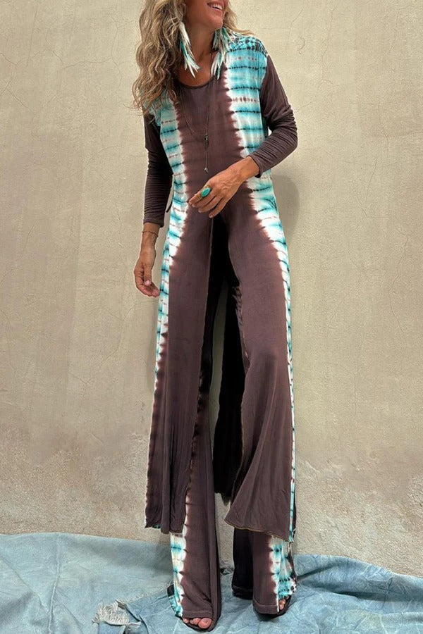 ROMA Langärmliges Stretch-Midi-Top mit Batikdruck vorne und hinten und Schlitzdetail