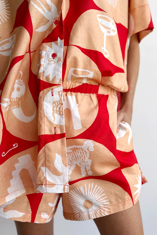 Set aus einzigartig bedrucktem Hemdoberteil aus Leinenmischung und lockeren Shorts mit Taschen und elastischer Taille