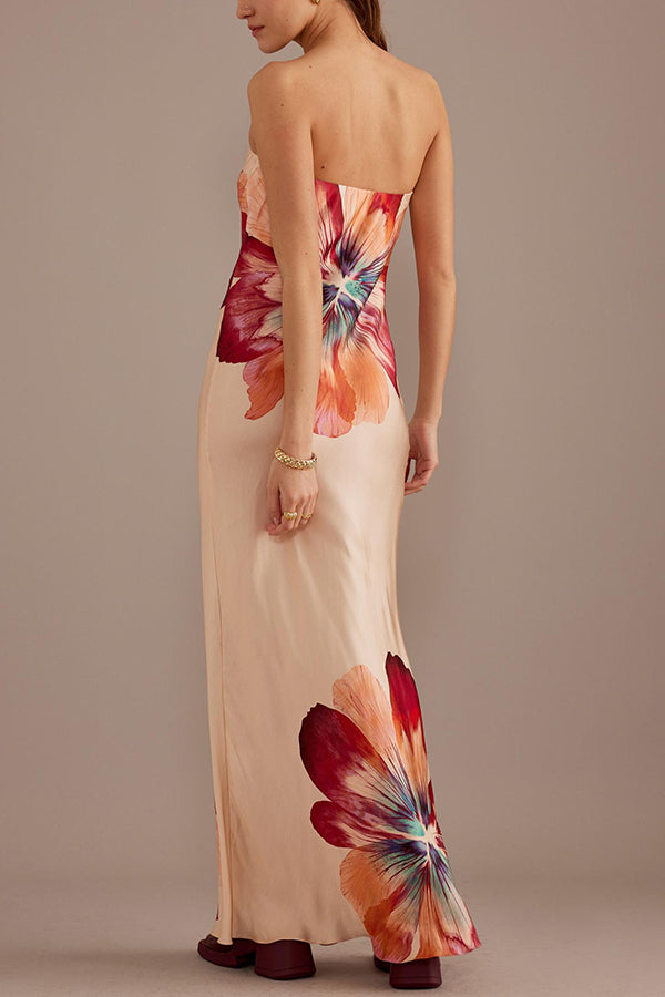 Charming Lady Satin Bandeau Maxikleid mit Blumendruck