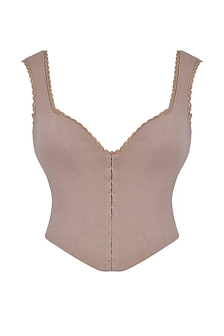 Ensemble assorti pour soirée de jardin, haut corset sans manches en jacquard, jupe longue fendue et portefeuille - Nude