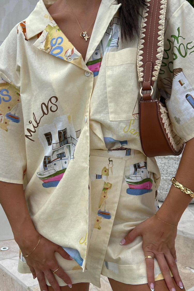 Ensemble chemise à manches courtes et minijupe portefeuille taille haute en mélange de lin Kea à imprimé unique