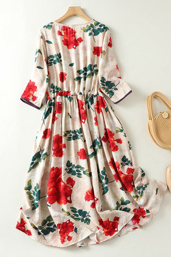 Robe élégante imprimée à col en V et taille haute