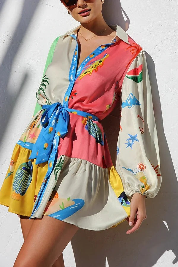 Sommerliches, einzigartiges, bedrucktes Minikleid mit Hemdkragen und Laternenärmeln und Taillenschnürung