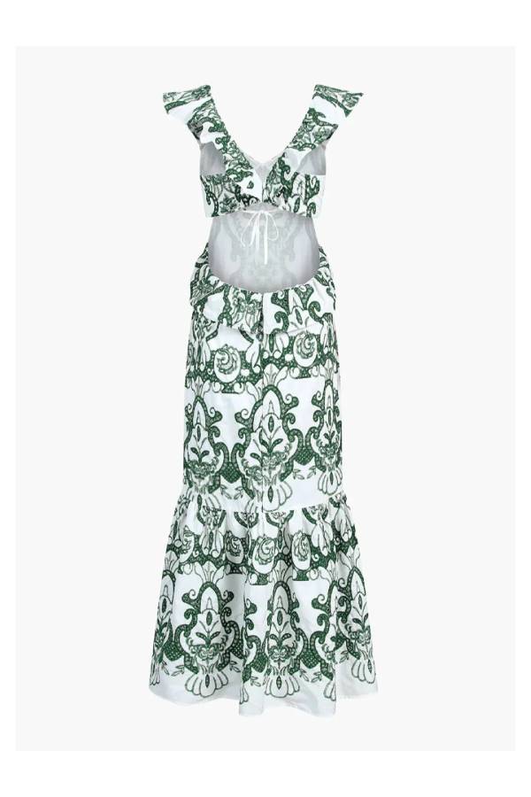 Langes Kleid mit V-Ausschnitt, Hohlstickerei, offenem Rücken und Rüschen