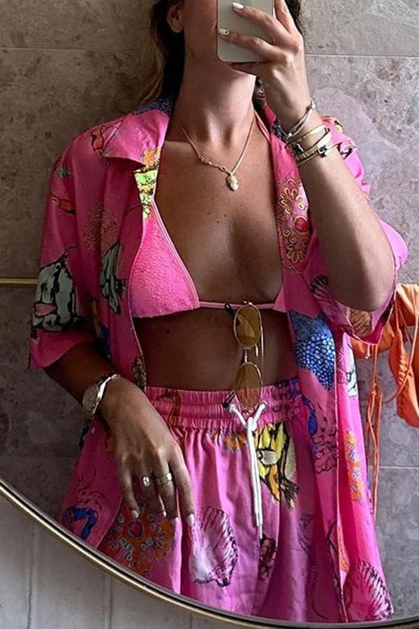 Set aus Hemdoberteil aus Leinenmischung mit buntem Muscheldruck und Shorts mit elastischer Taille und Tasche