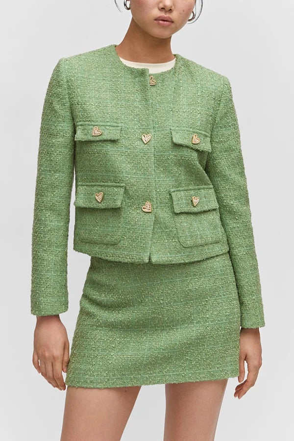 Stilvolle Tweed Love Button Langarm Casual Pocket Jacke