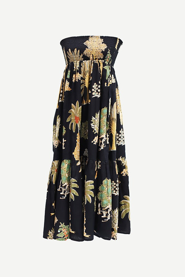 Kattie Set mit gesmoktem Bandeau-Oberteil mit botanischem Print und gestuftem Maxirock mit elastischer Taille