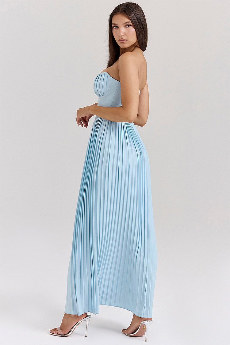 Strapless Cinch Waist Pleated Maxi Dresses