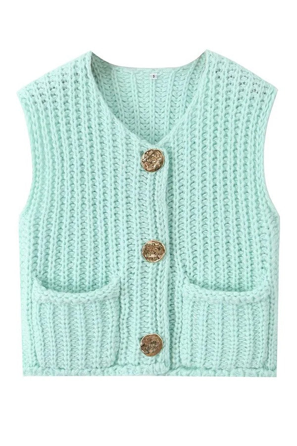 Einfarbige ärmellose Strickweste mit Tasche