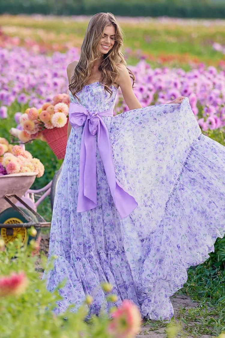 Trägerloses Maxikleid mit Blumenmuster und Schleife zum Binden