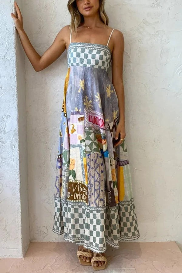 Wonderful Weekend – Midikleid aus Leinenmischung mit einzigartigem Aufdruck, gesmokten Rückentaschen