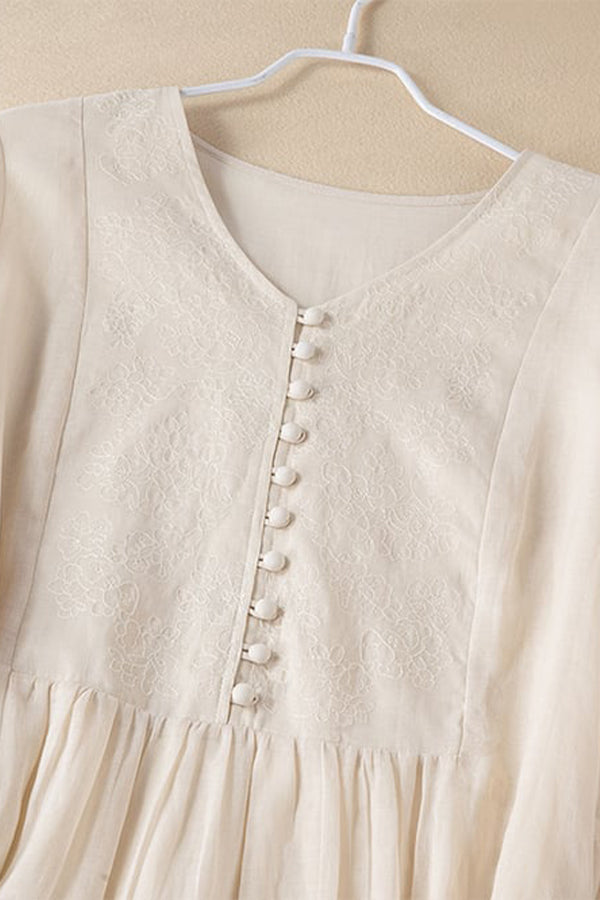 Robe artistique mi-longue brodée en coton et lin pour les fêtes