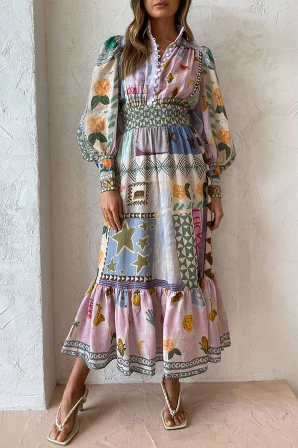 Verspielt schickes, einzigartiges Print-Midikleid mit Ballonärmeln und gesmoktem Bund