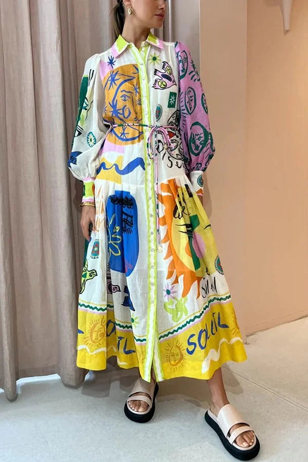 Boldness and Art – Patchwork-Hemd-Midikleid mit einzigartigem Druck und Ballonärmeln