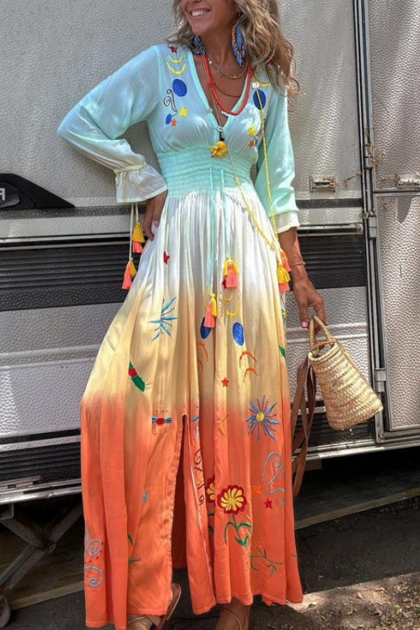 Robe longue à franges et taille élastique à imprimé dégradé Gigi