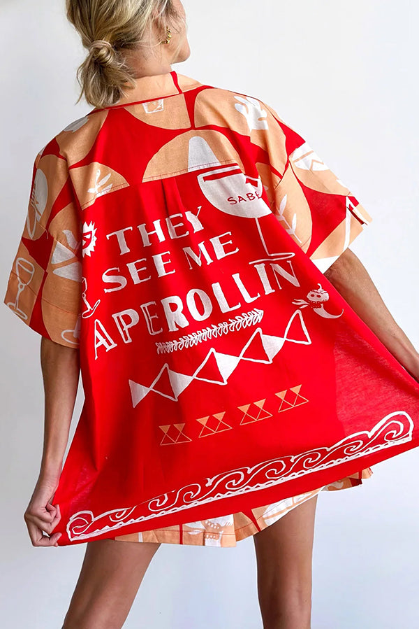 Set aus einzigartig bedrucktem Hemdoberteil aus Leinenmischung und lockeren Shorts mit Taschen und elastischer Taille