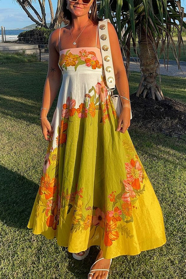 Robe longue Malakai en lin mélangé à imprimé floral contrasté et poches smockées dans le dos