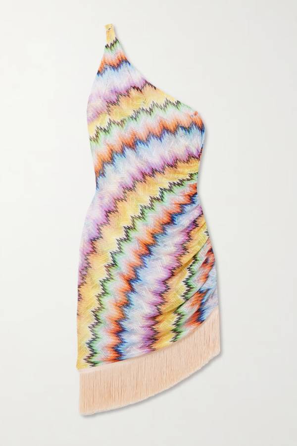 Eline Knit Colorful Zigzag PatternOne Shoulder Ruched Tassle Trim Mini Dress