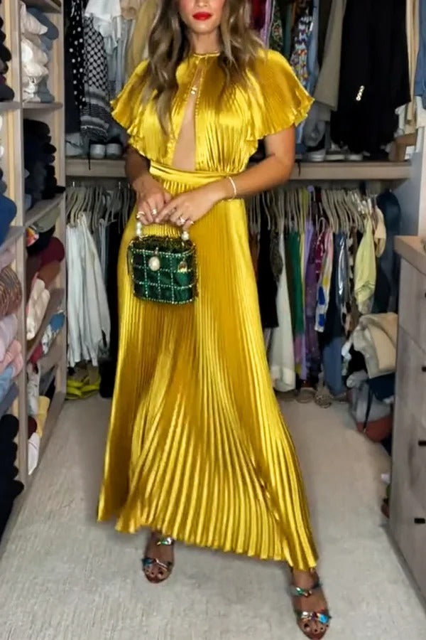Robe longue en satin plissé à manches cloche et découpes Flash Goddess