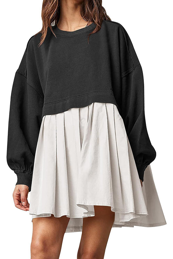 Süßes und besonderes, übertrieben plissiertes Patchwork-Sweatshirt-Minikleid in A-Linie