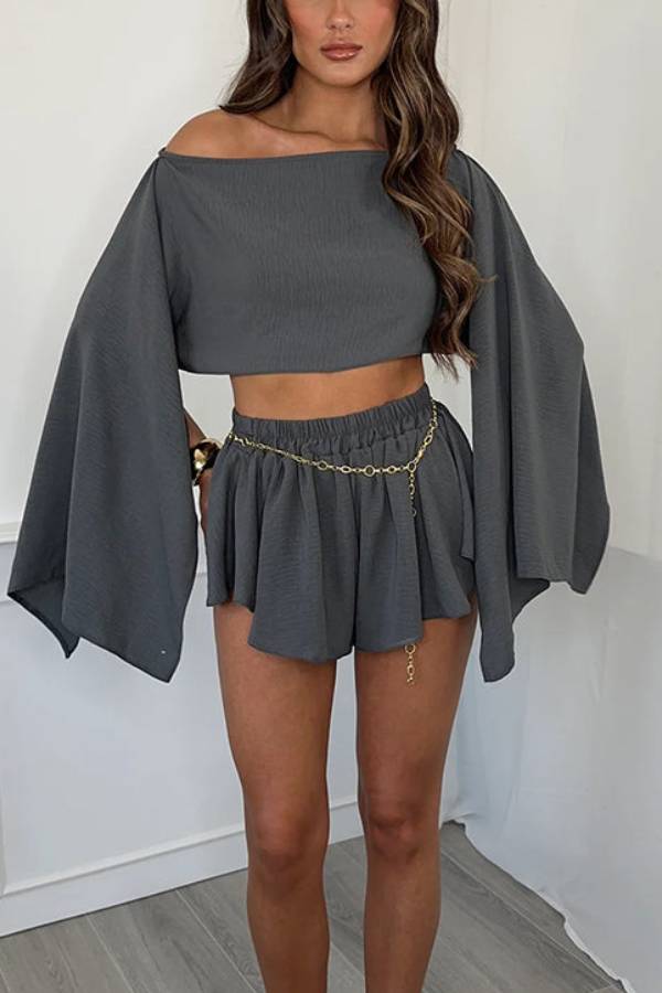 Ensemble haut court à manches larges et short à taille élastique en lin mélangé Mae