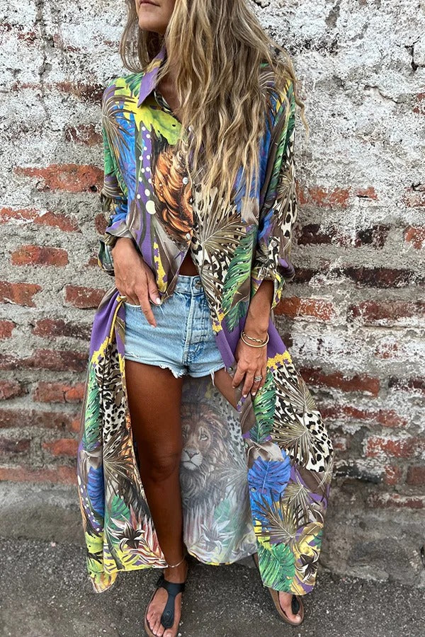 Jungle Miracle – Lässige Midi-Bluse mit einzigartigem Tier-Print und Knopfleiste