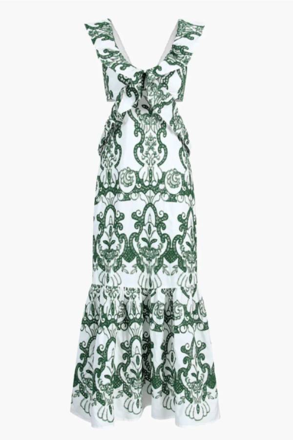 Langes Kleid mit V-Ausschnitt, Hohlstickerei, offenem Rücken und Rüschen