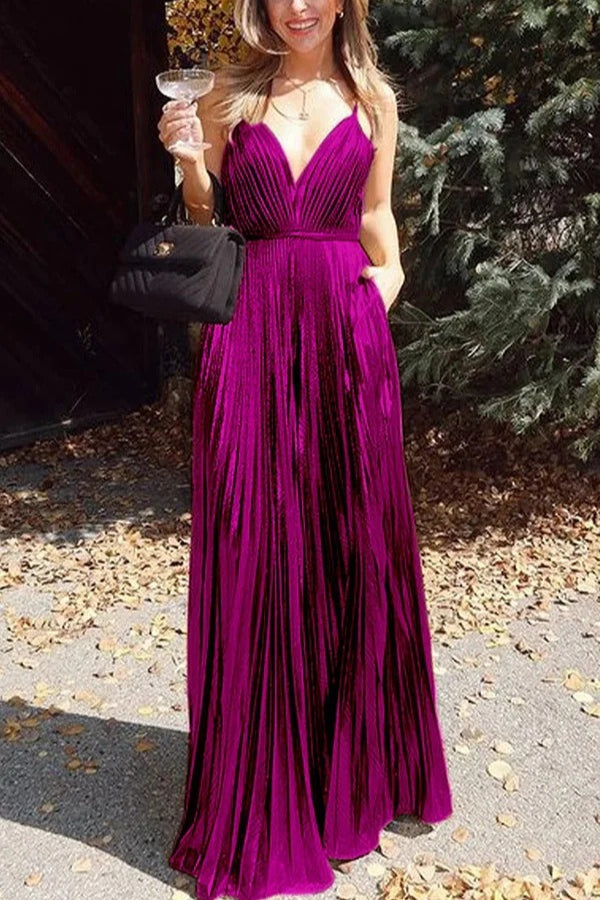 Disco Fashion Jumpsuit mit weitem Bein und Plissee-Tasche aus Metallic-Stoff